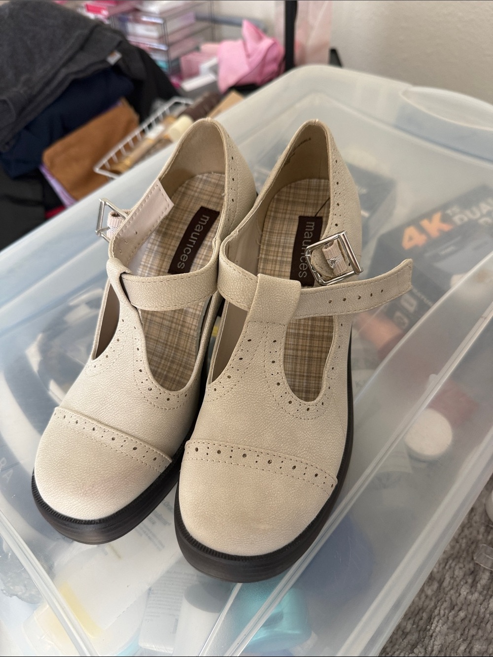 Maurices Cream T-Strap Platform Heels with Buckle